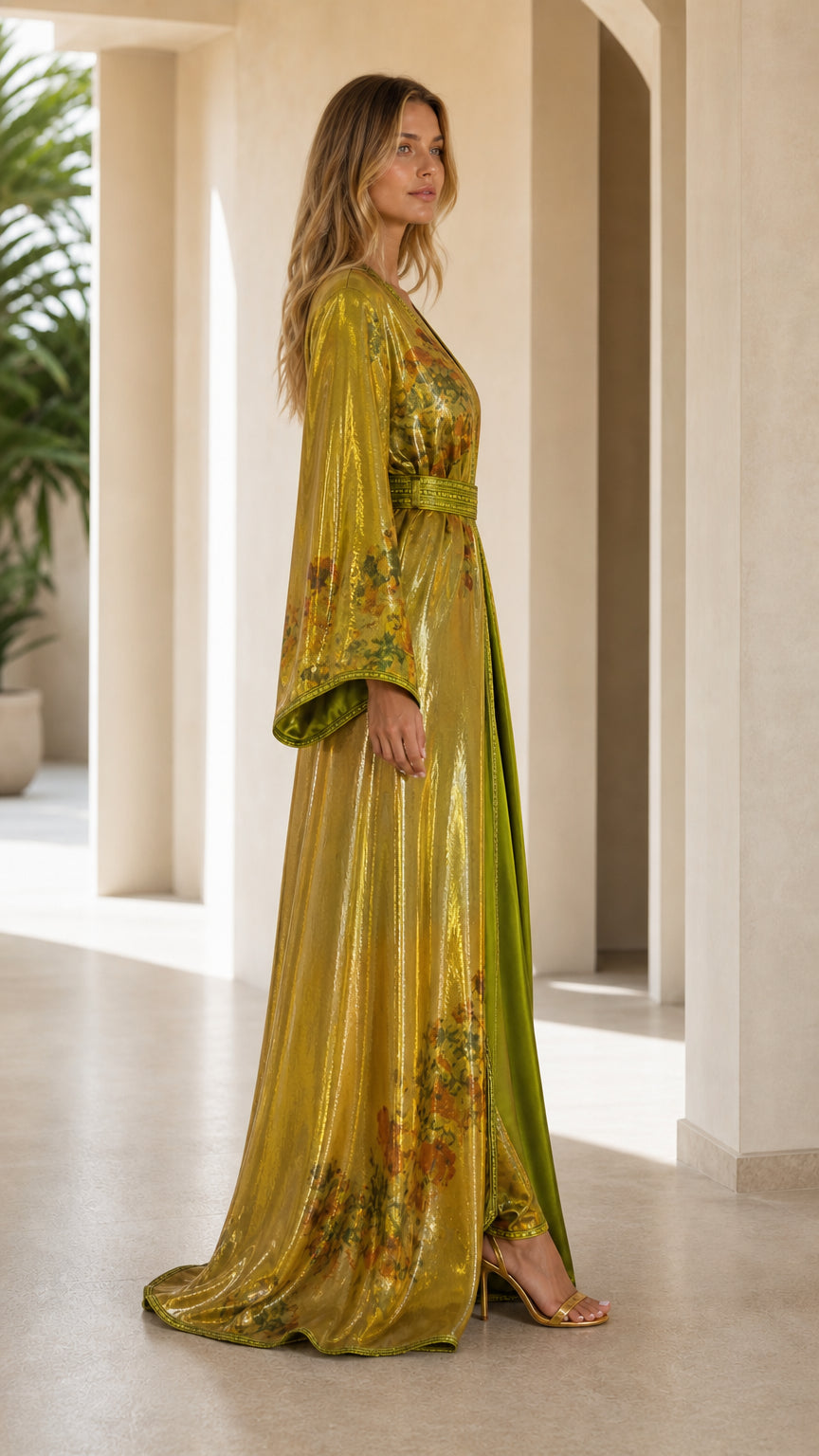 Side profile of the olive green floral shimmering kaftan gown with bell sleeves