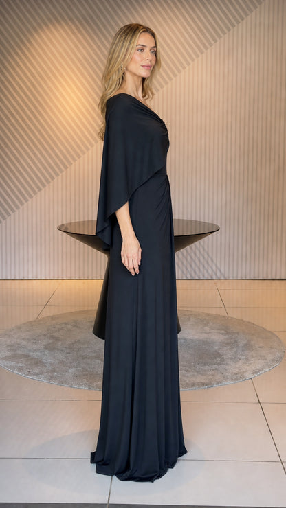 Side view of black one-shoulder evening dress
