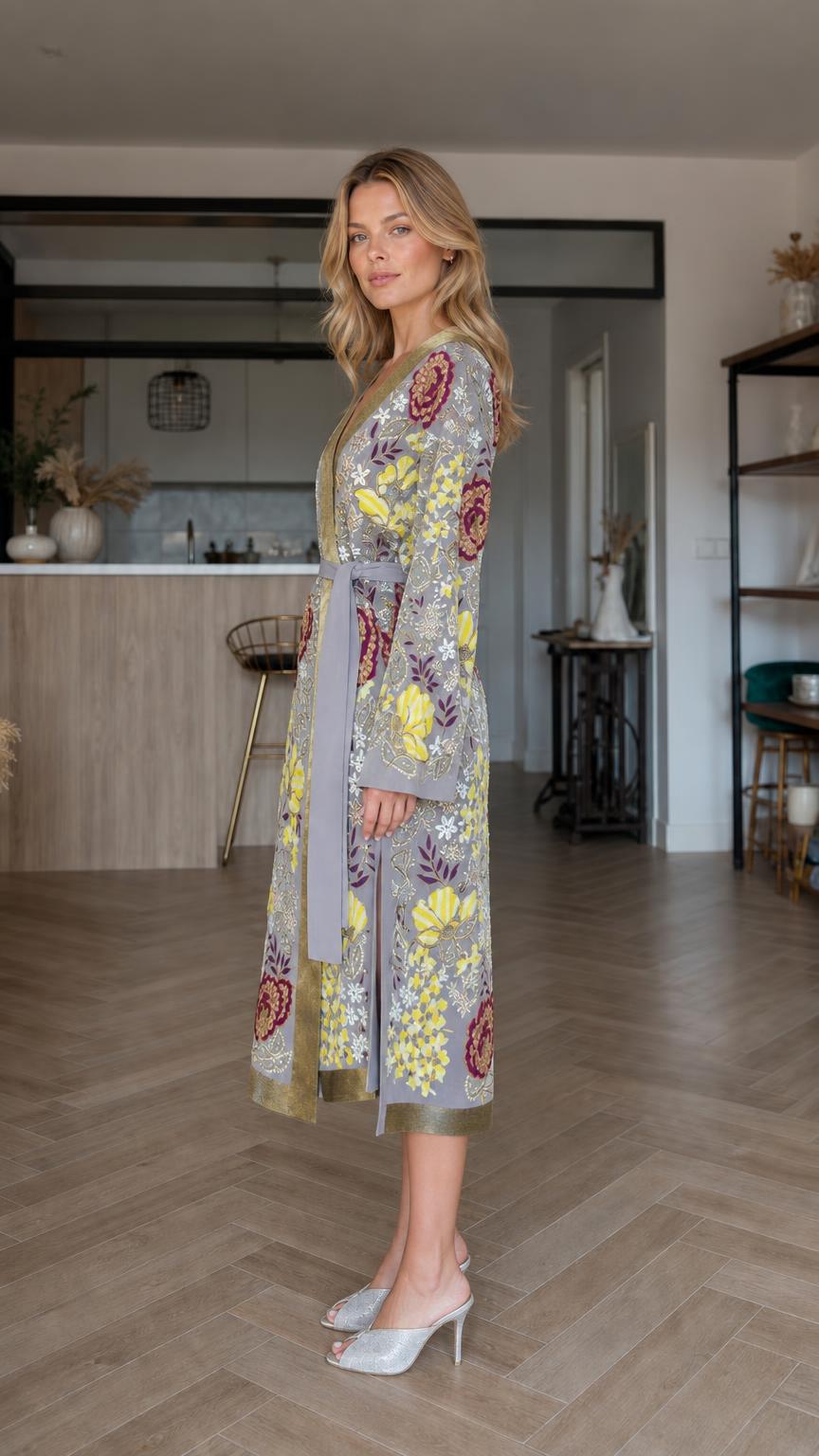 Side profile of grey floral kimono robe with belt