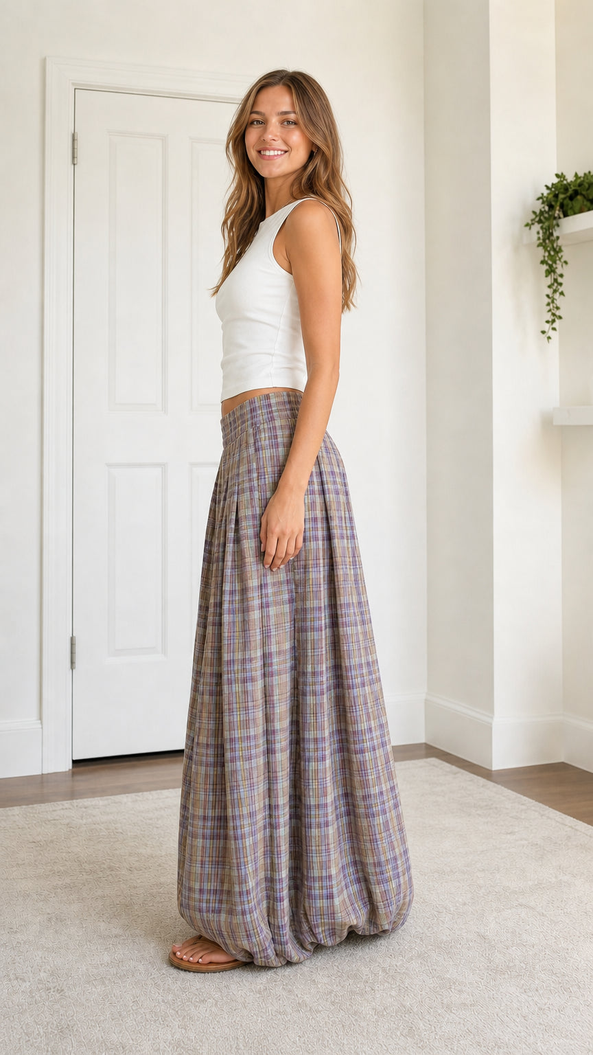 Side profile of model in Lavender Plaid wide-leg balloon trousers