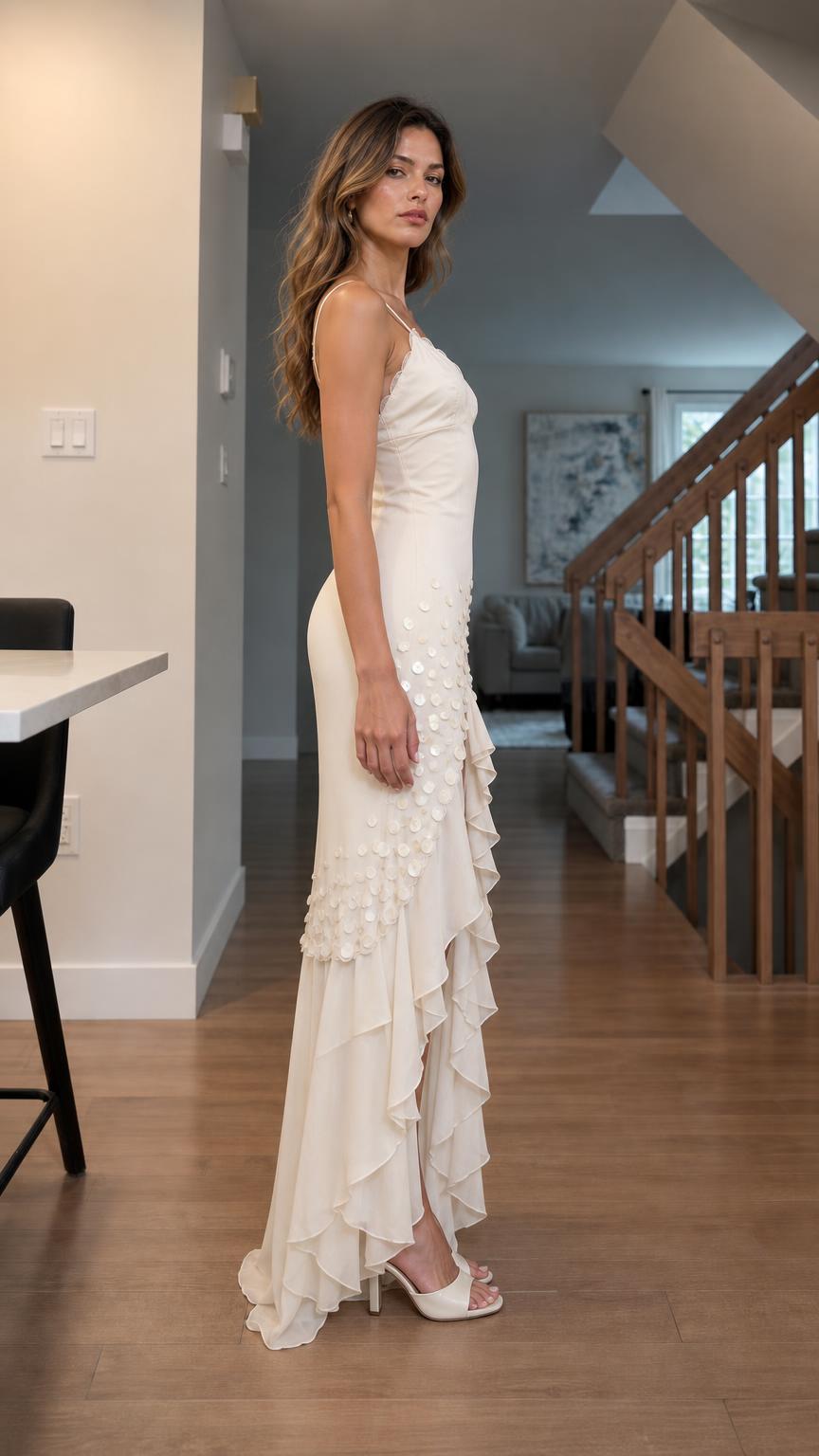 Side profile view of White maxi dress