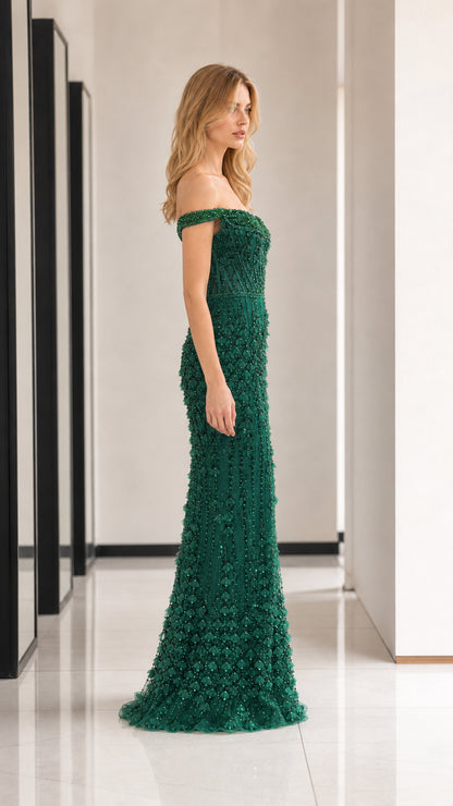 Emerald Green evening gown side profile view