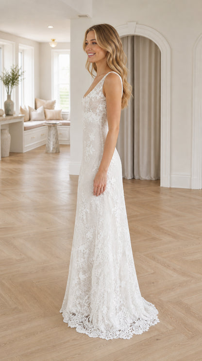 Side profile view of model in white lace gown