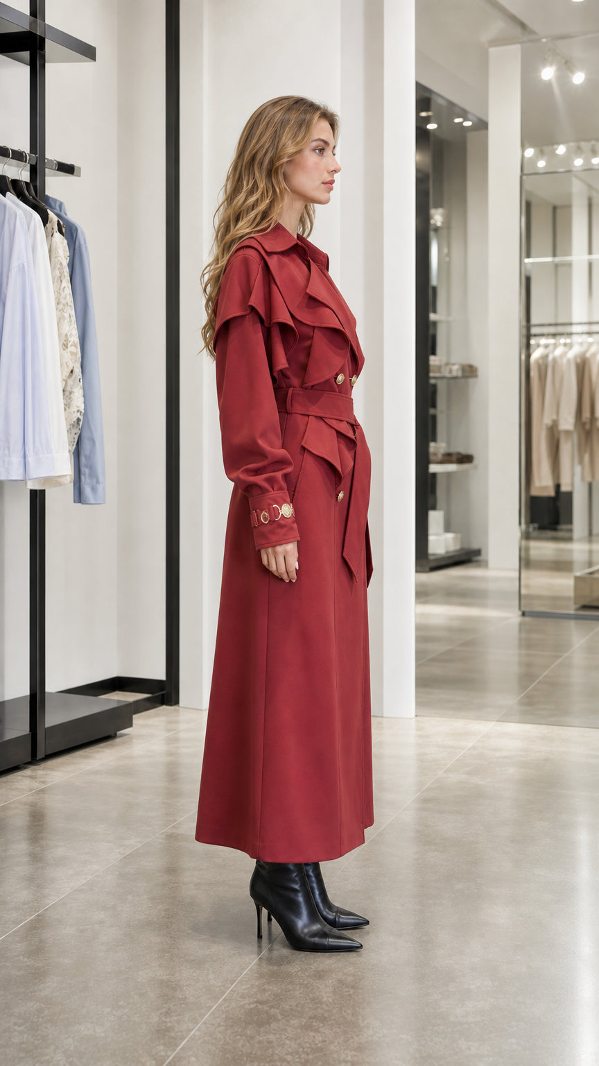 Side profile view of woman in red trench coat