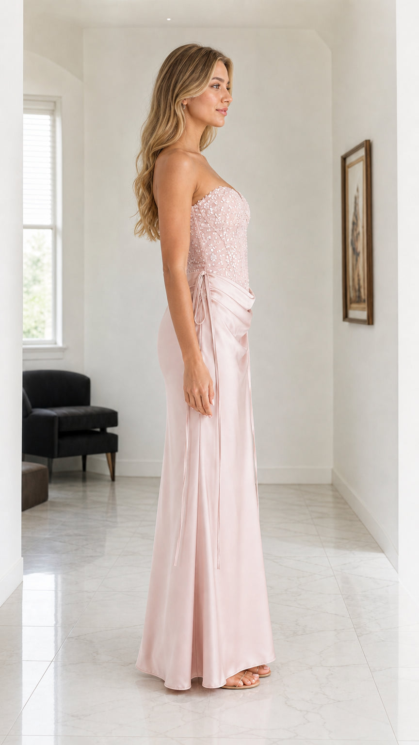 Pink evening gown side profile view