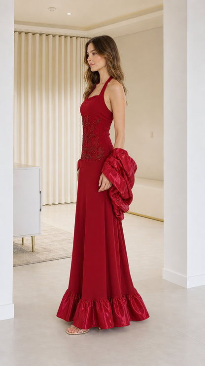 Side profile view of red formal evening gown
