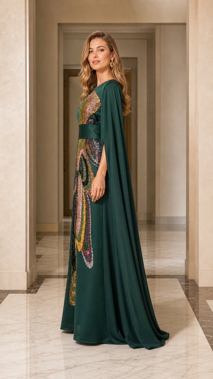 Side profile of emerald green gown showing flow