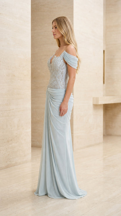 Side view of model wearing ice blue off-the-shoulder formal maxi dress