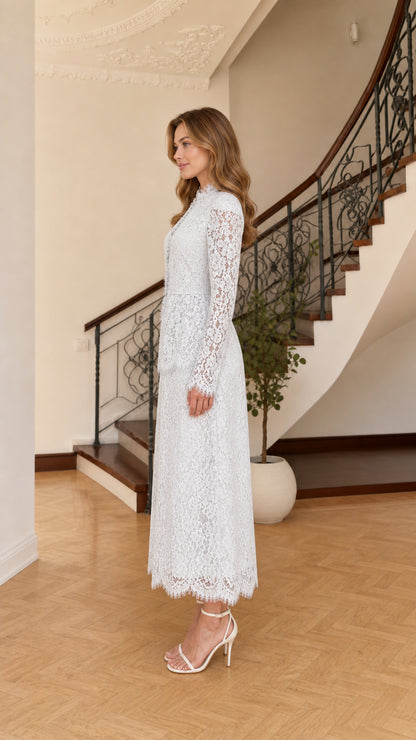 Ice blue floral lace maxi dress side profile view
