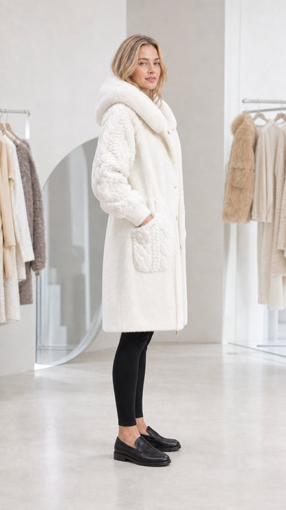 Ivory longline hooded coat shown from a side angle