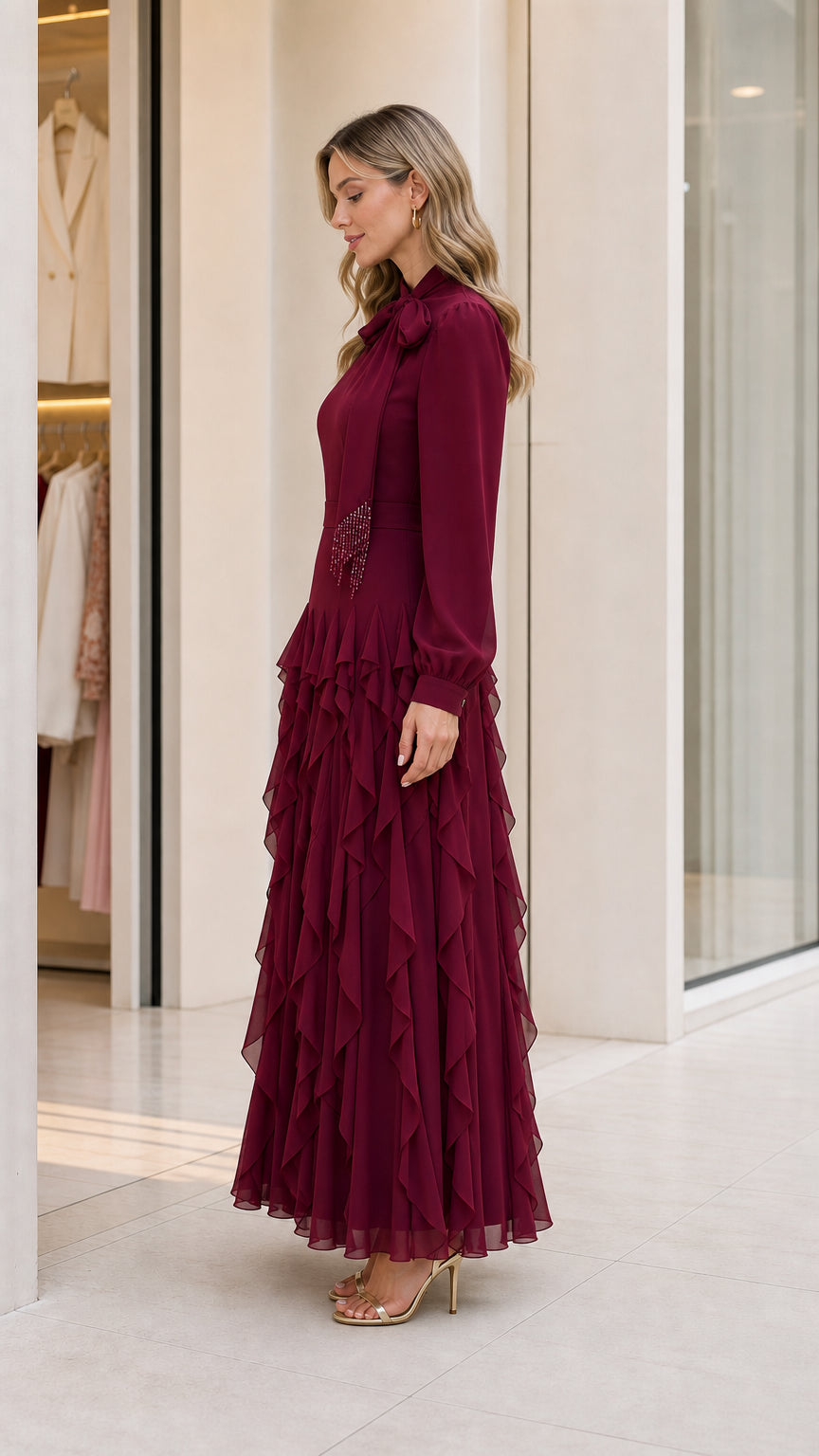 Side profile of burgundy maxi dress