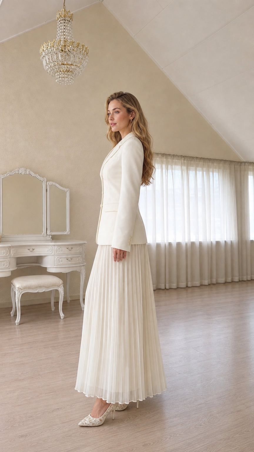 Side profile view of a woman in a white blazer and long skirt