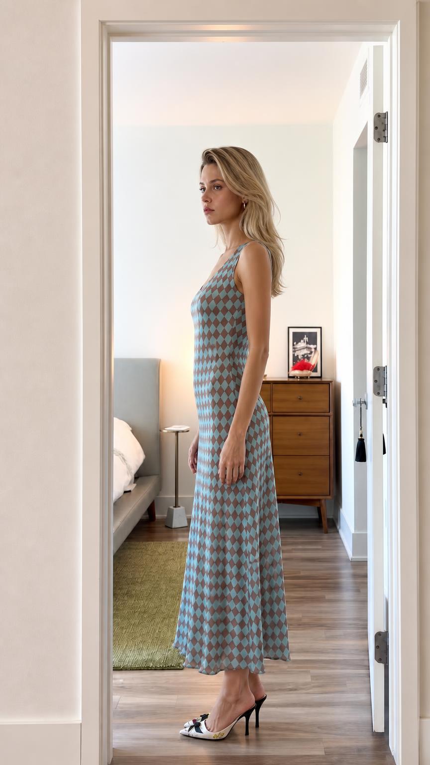 Side profile of model wearing blue argyle dress