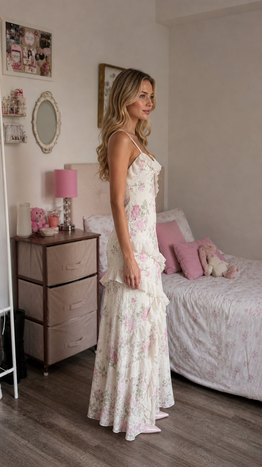 Side profile view of woman in white floral lace maxi dress