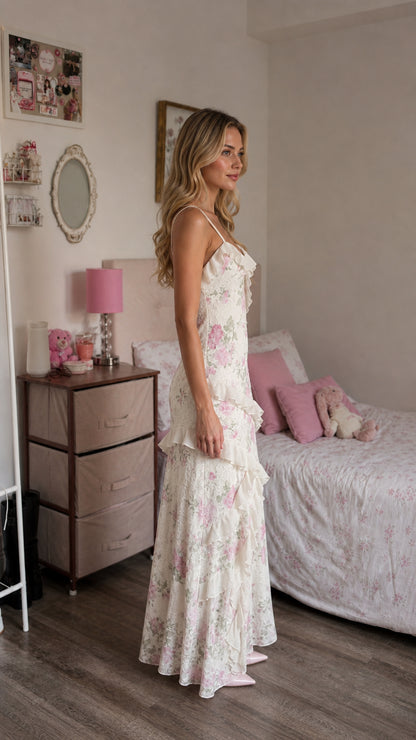 Side profile view of woman in white floral lace maxi dress