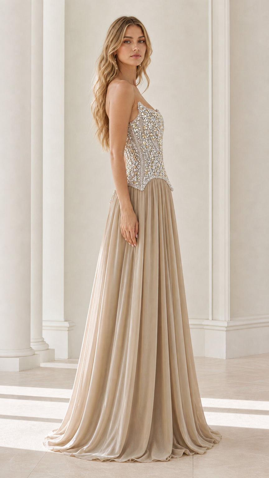 Side profile of champagne formal gown