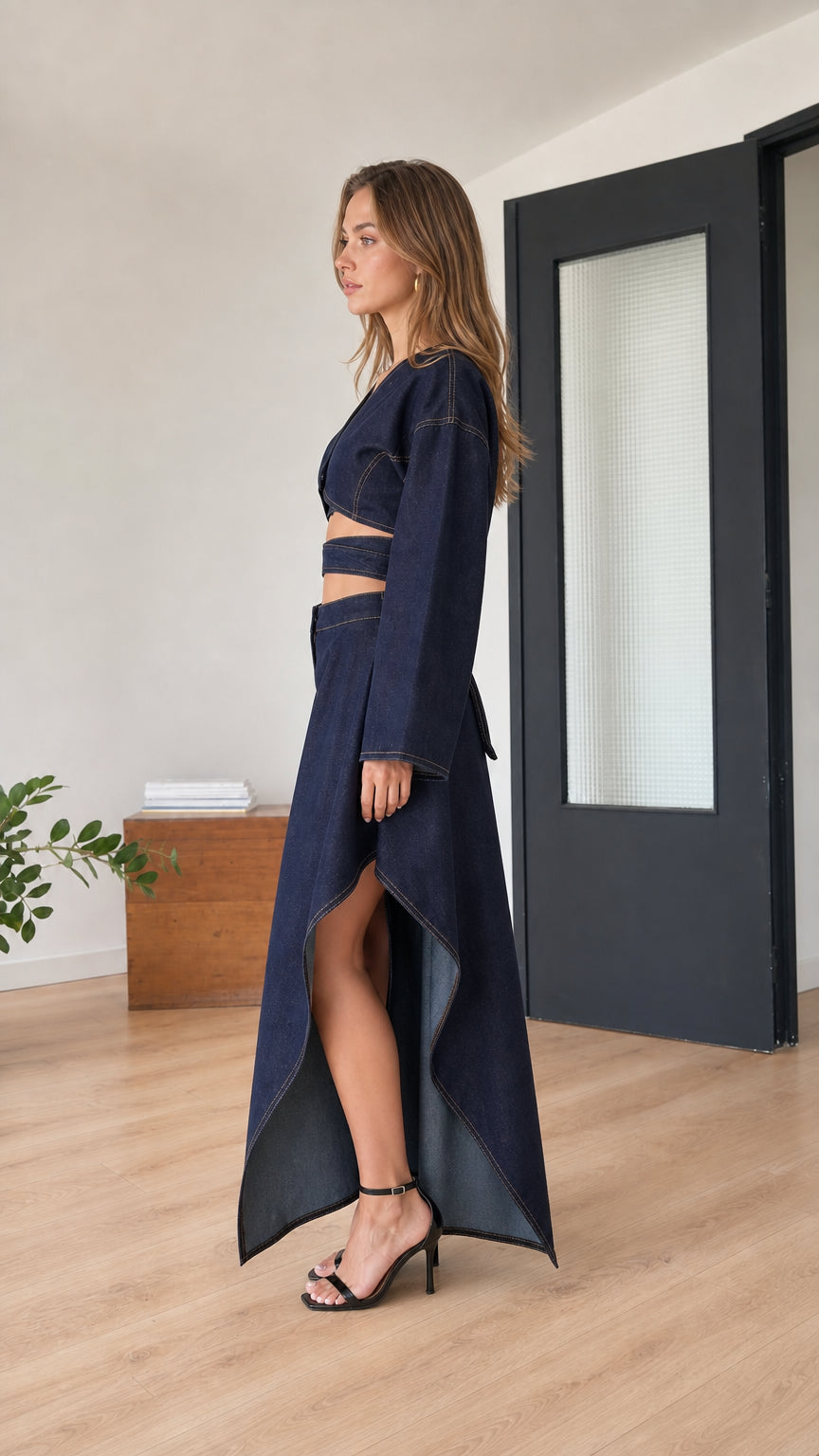 Model wearing indigo blue set, side view highlighting skirt slit