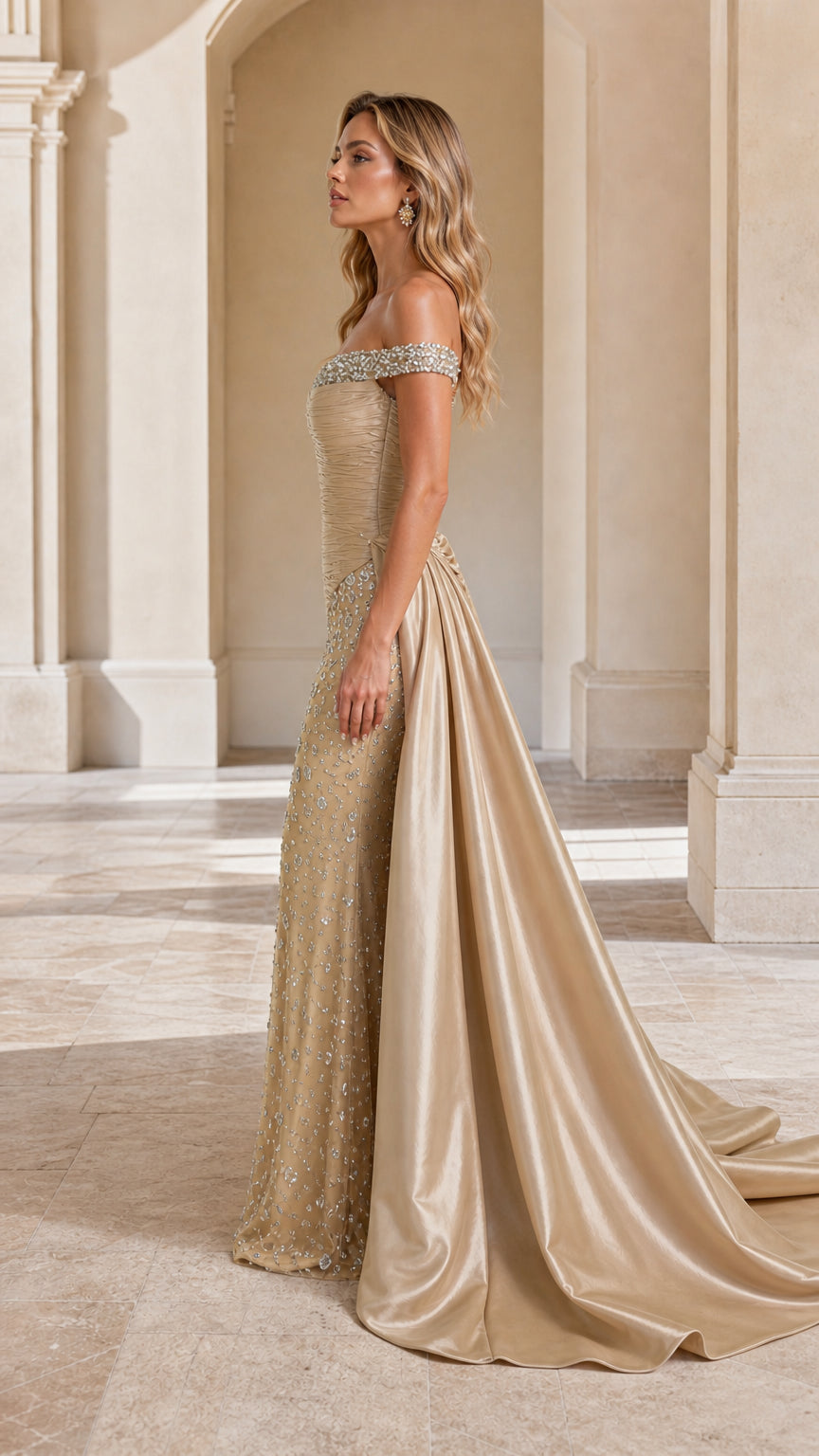 Side profile of model wearing Champagne ruched evening gown with dramatic sweeping train