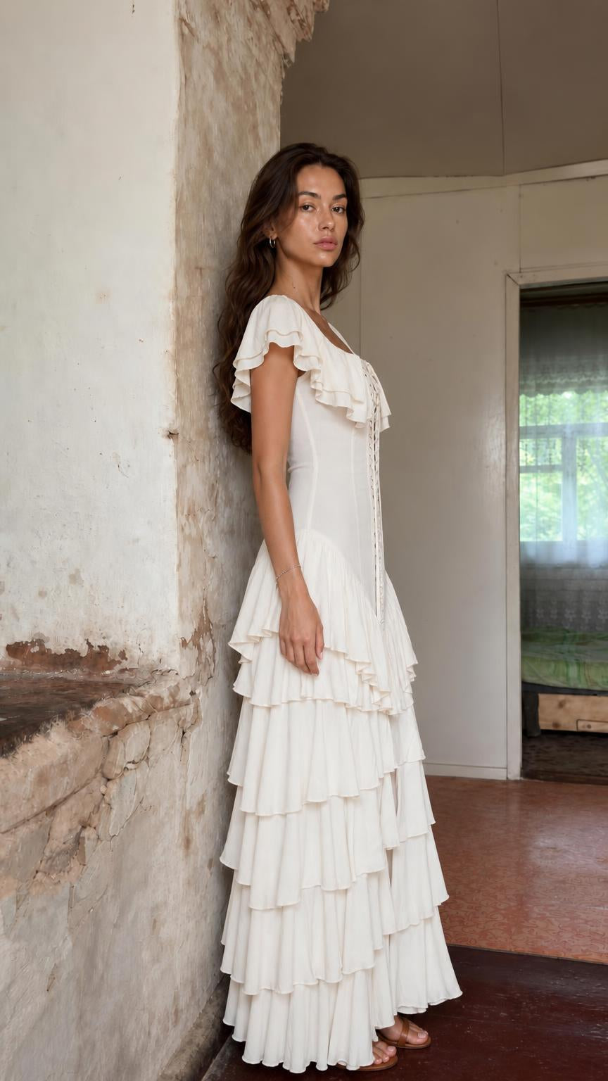 Side profile of model in ivory ruffle maxi dress