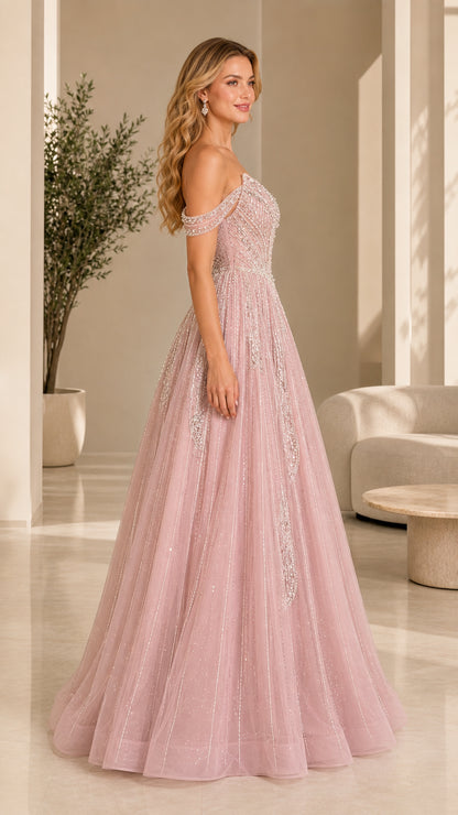Side profile of pink evening dress showing flowing skirt