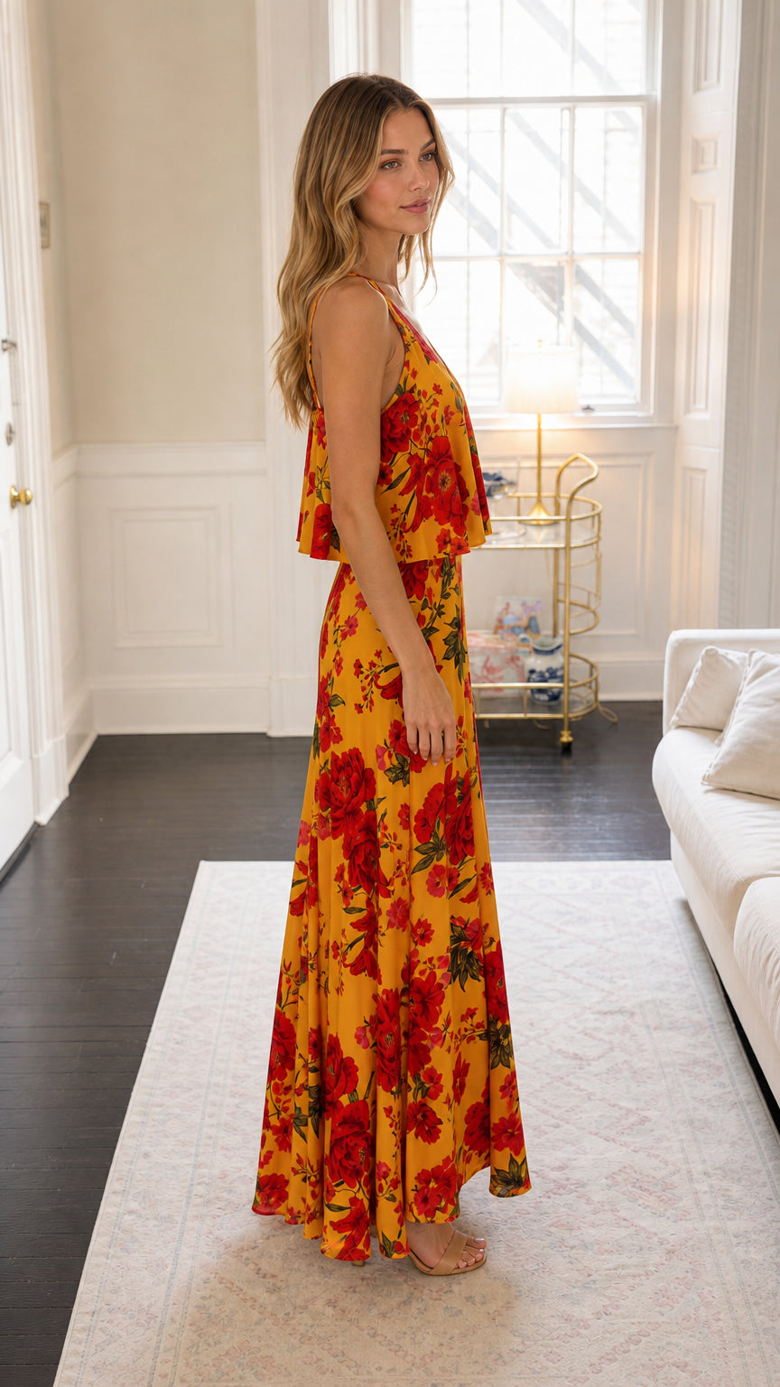 Side profile view of yellow floral maxi dress