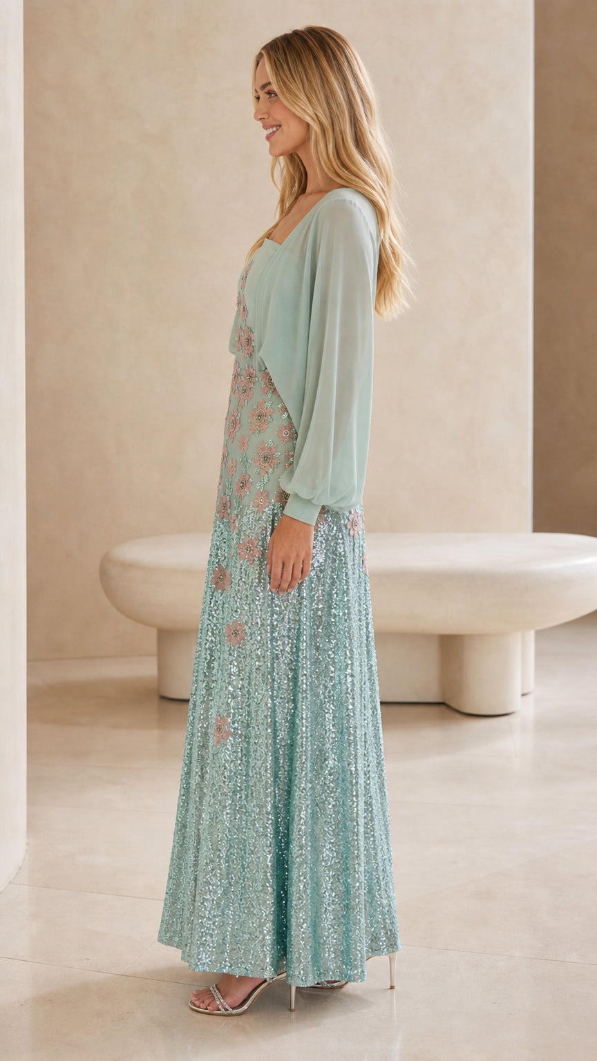 Side profile of mint green sequin formal gown with flowing A-line skirt