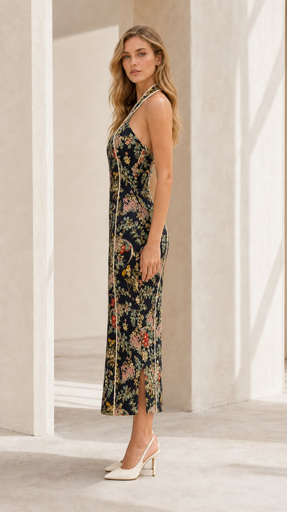Model wearing navy floral dress side view