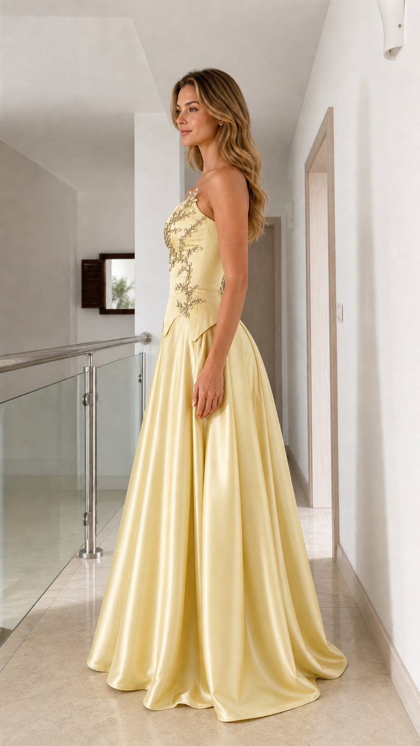 Side view of model in elegant yellow satin evening gown with corset bodice