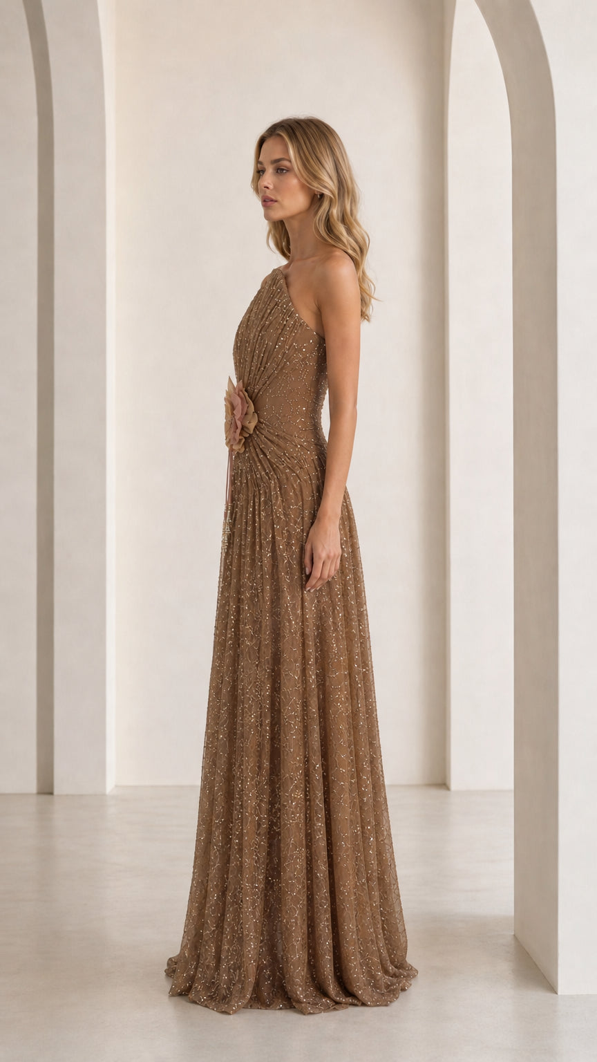 Side profile view of bronze sequin evening gown