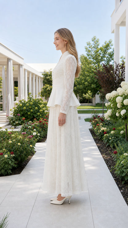 Side profile of white two-piece formal outfit