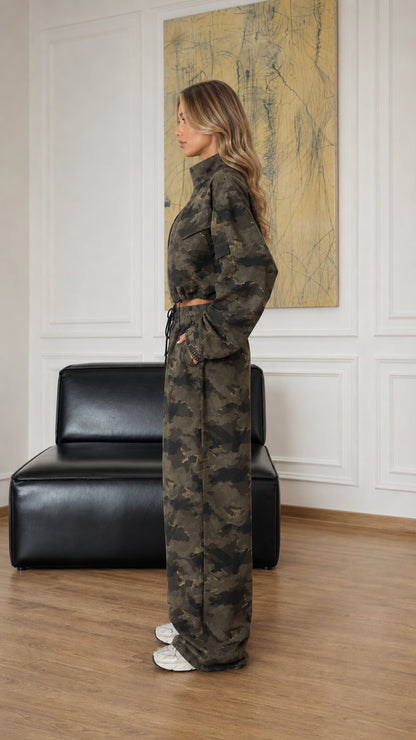 Side profile view of model wearing army green camouflage two-piece tracksuit