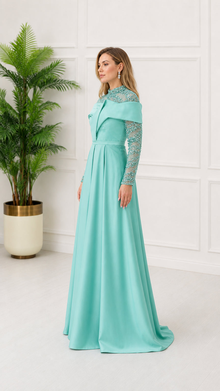 Side profile view of mint evening gown