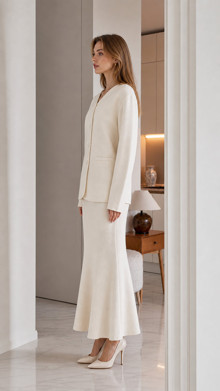 Side profile of model wearing cream two-piece knit cardigan and skirt set