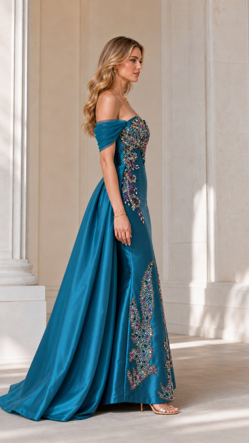 Side profile of teal beaded evening gown