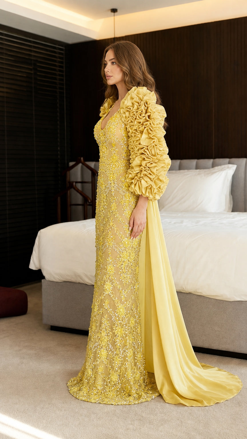 Side profile view of yellow evening gown