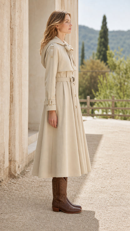 Side profile view of beige hooded trench coat with flared hem