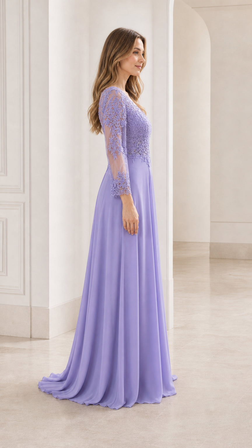 Side profile view of the lavender evening gown