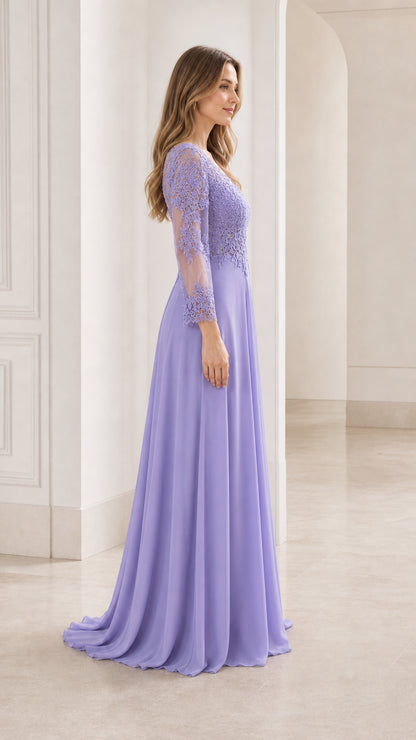 Side profile view of the lavender evening gown