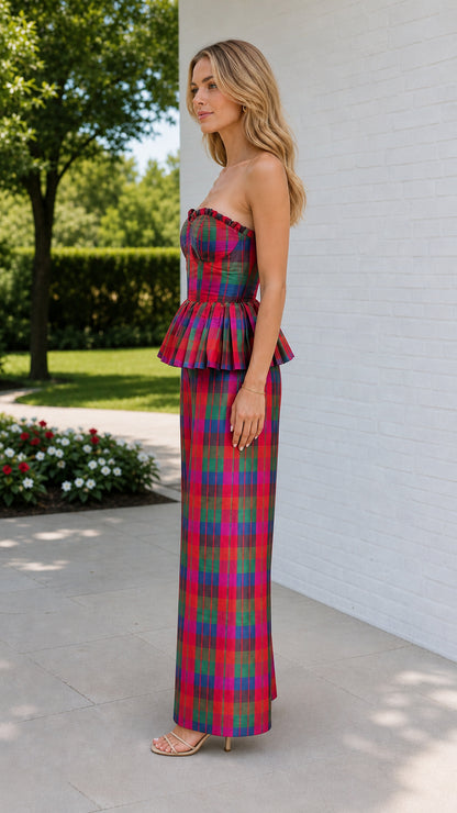 Side profile view of model in multi-color plaid set