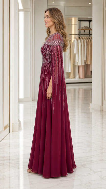 Side profile view of burgundy evening gown