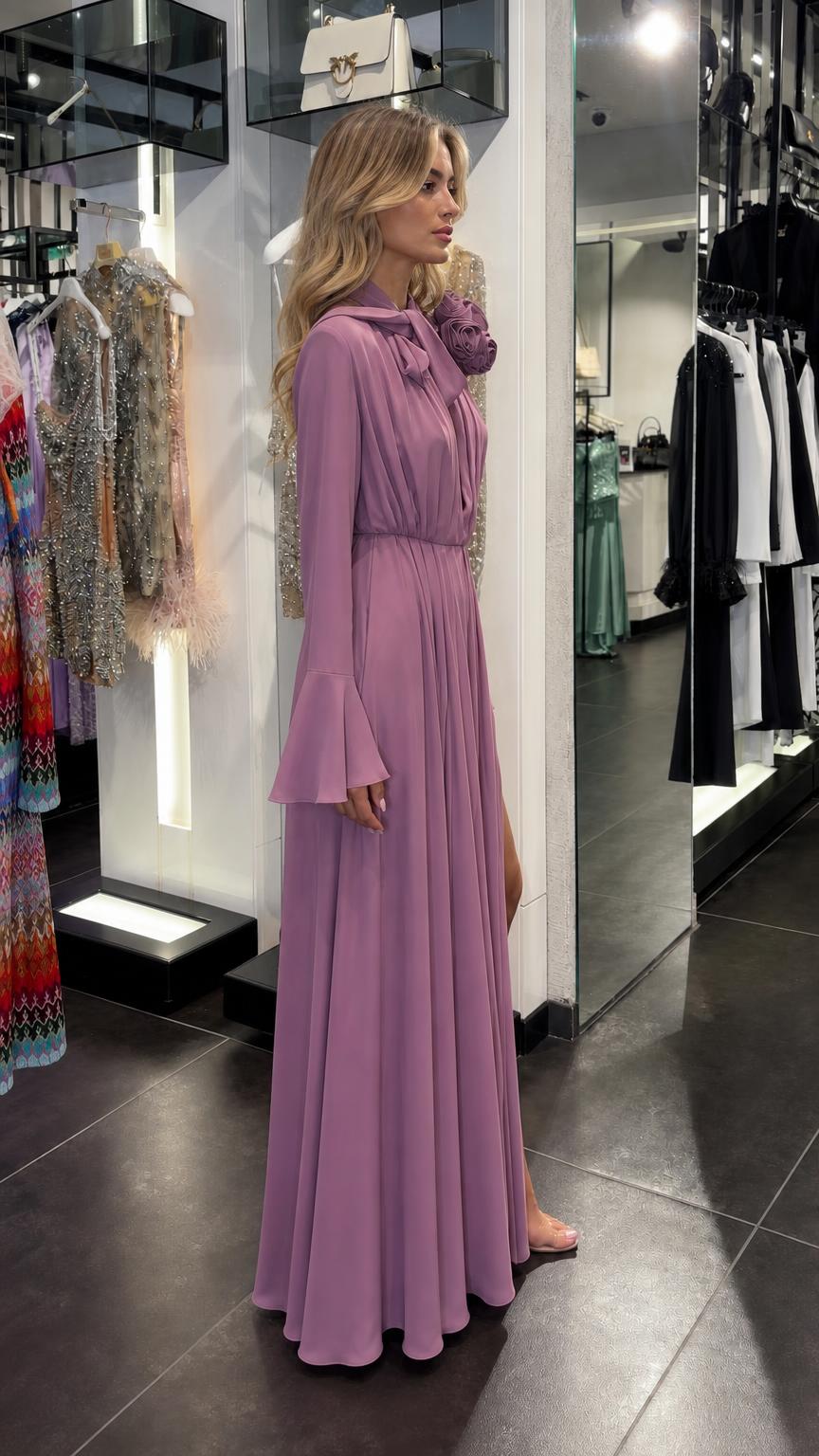 Side profile view of lavender maxi dress in boutique setting