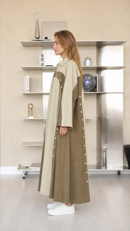 Side profile of sage green colorblock button-trimmed maxi shirt dress