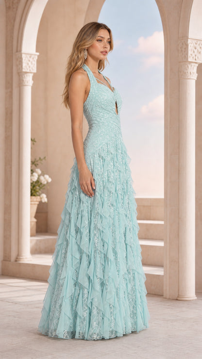 Side profile view of mint formal gown