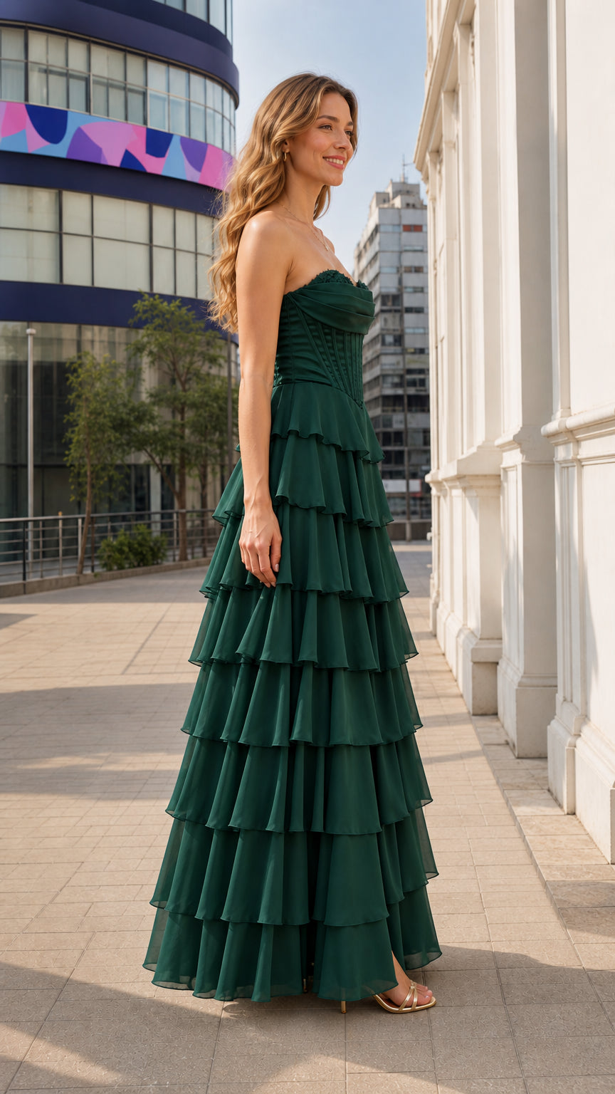 Side profile view of dark green tiered ruffle gown