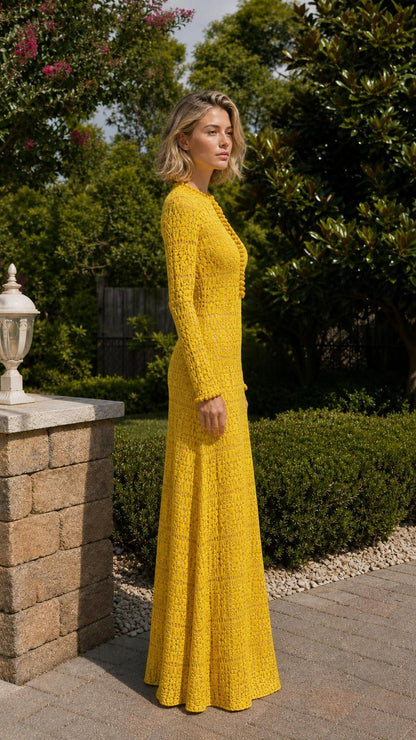 Side profile view of yellow crochet maxi dress