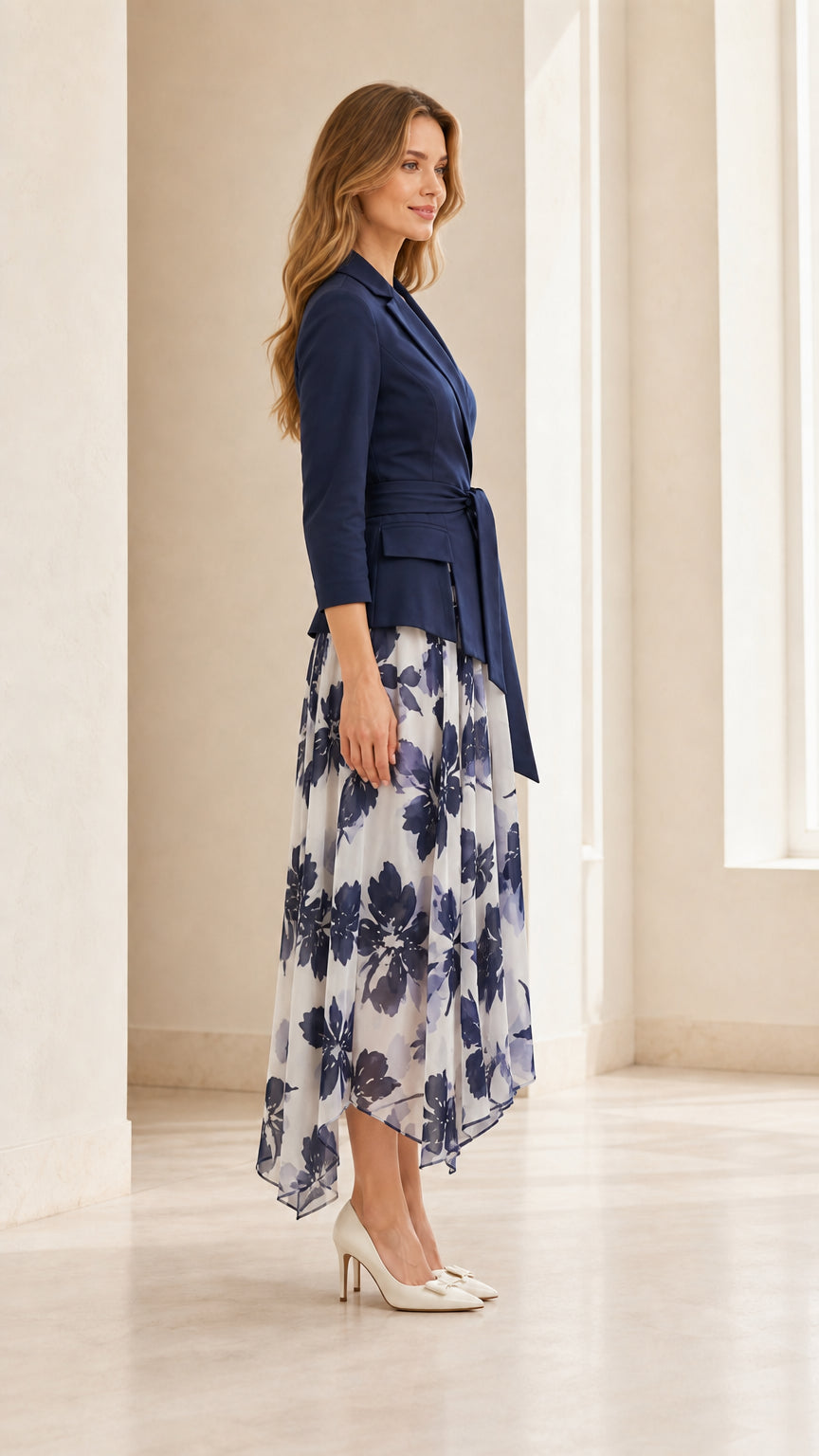 Side profile view of woman in navy blazer floral midi dress