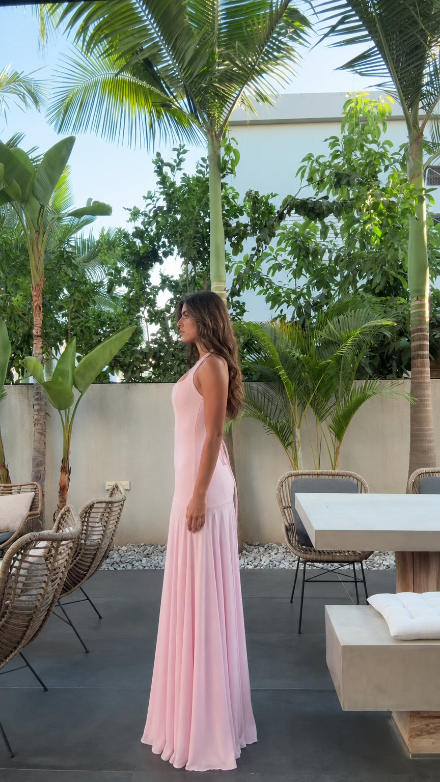 Side view of pink halter maxi dress