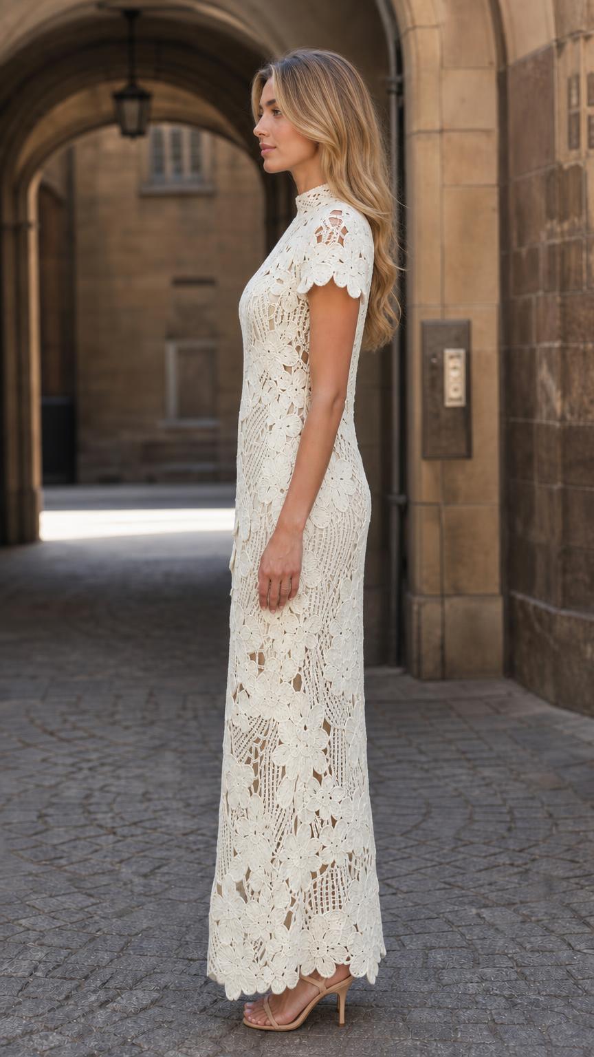 Side profile view of ivory lace maxi dress