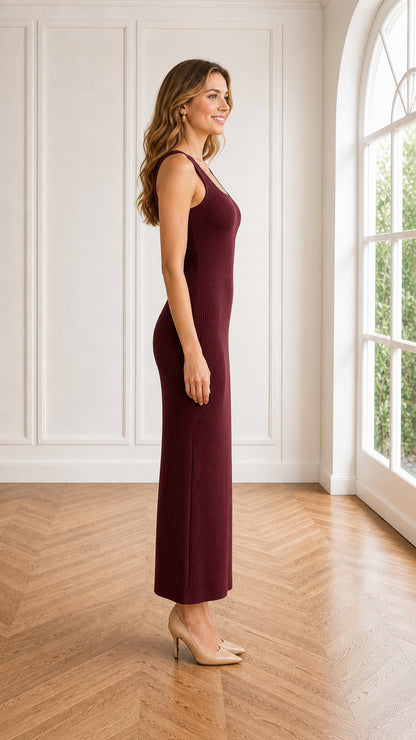 Side view of woman wearing burgundy ribbed knit column maxi dress