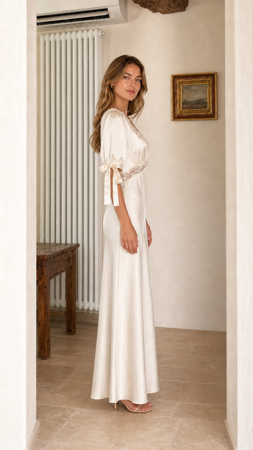Side profile view of Champagne satin maxi dress